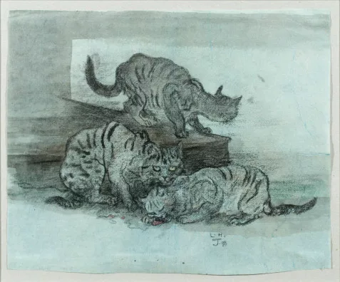 Ludwig Heinrich Jungnickel — Drei Katzen in dämmrigem Hausflur, 1928