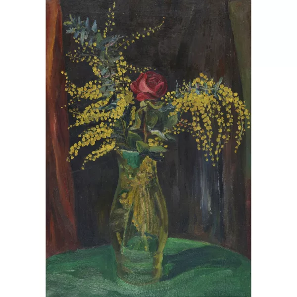 Arthur Grimm — Mimosen und Rose in Glasvase