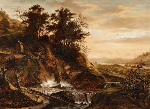 Jacob de Villers — Berglandschaft mit einer Kapelle an einem Wasserfall