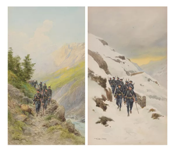 Pierre Comba — Pierre COMBA (1859-1934), deux aquarelles sur des chasseurs alpins