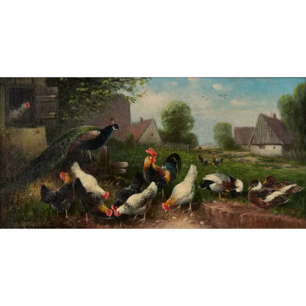Otto Scheuerer — Hühner, Enten und Pfau auf dem Bauernhof.