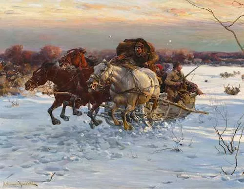 Alfred von Wierusz-Kowalski — Wolves attacking a horse-drawn sleigh.