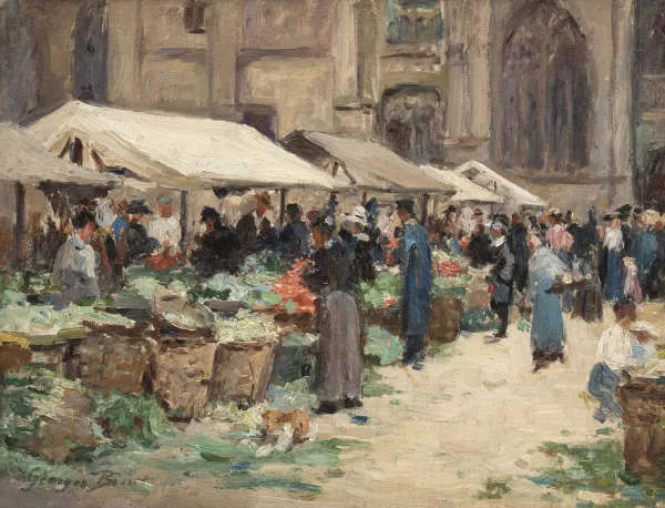 Georges Binet — Scène de marché devant une cathédrale