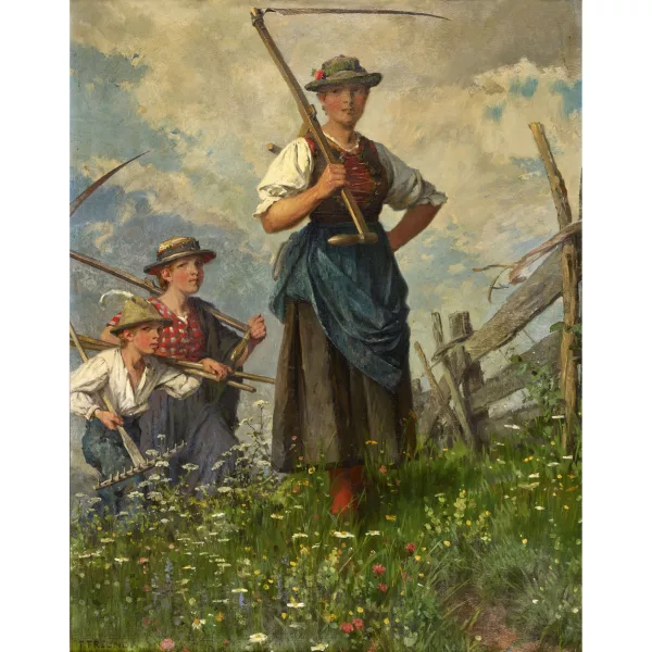 Fritz Freund — Geschwister mit Sensen auf blühender Wiese.