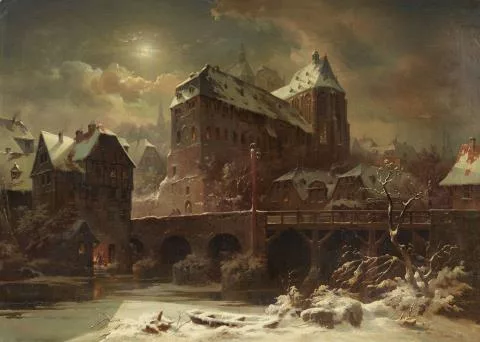 Eduard Stiegel — Ansicht von Marburg mit alter Universität, Lahnbrücke und Deutschherrenmühle