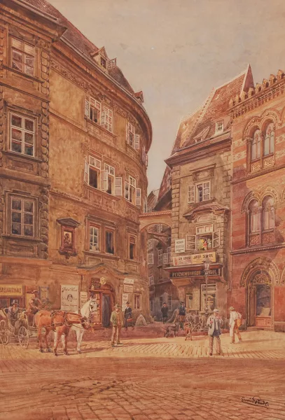 Erwin Pendl — Wien, Strassenpartie an der Ecke Griechengasse/ Fleischmarkt