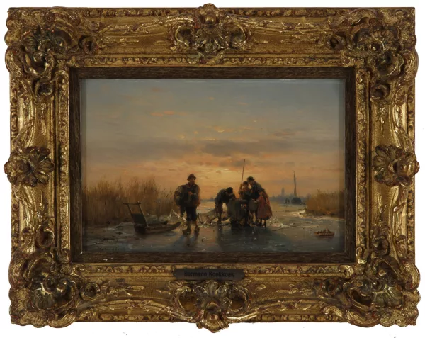 Hermanus Koekkoek — Pêcheurs sur un lac gelé,
