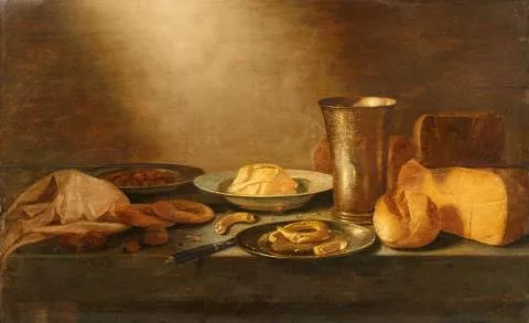 Floris Gerritsz. van Schooten — Stillleben mit Käse, Brot und Silberbecher