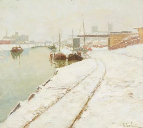 Erich von Perfall — Blick auf den Neusser Hafen mit St. Quirin im Hintergrund