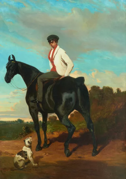 Alfred de Dreux — Junger Reiter auf einem Rappen, von einer kleinen Dogge begleitet