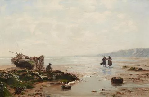 Eduard Spörer — Bretonische Strandansicht mit Fischer und Muschelsammlerinnen