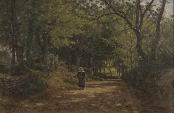 Camille Bernier — Camille BERNIER (1823-1902), 'Promeneuse dans une allée ombragée', huile