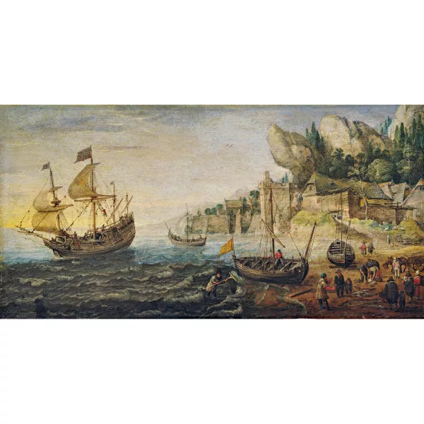 Adam Willaerts — Küstenlandschaft mit Segelschiffen und Fischmarkt.