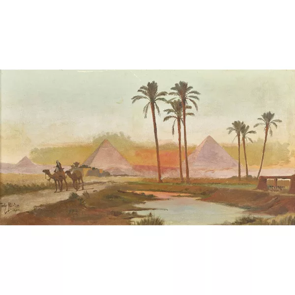 Tony Binder — Égyptiens avec des chameaux devant les pyramides de Gizeh