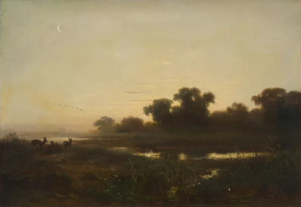 Adolf Heinrich Lier — Rehe in einer Flusslandschaft