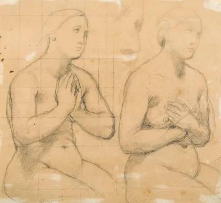 Jean-Auguste-Dominique Ingres — Etude de figure féminine nue les mains jointes, variante avec les bras croisés et reprise du visage