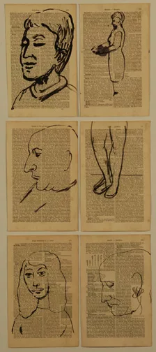 A. R. Penck — Six dessins : portrait (quatre fois) ; femme debout de profil ; jambes