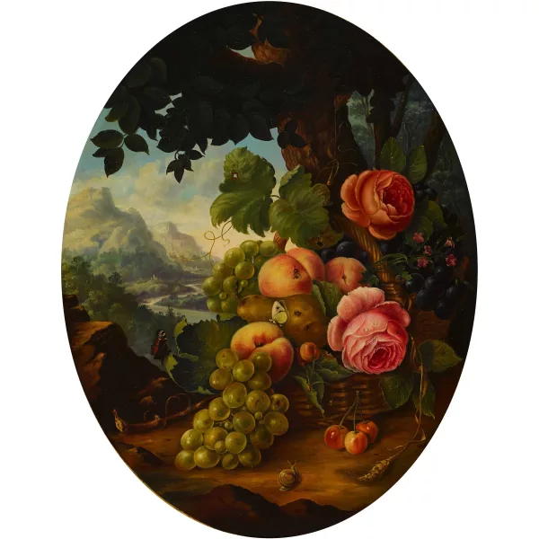Jacob Wibmer — Still Life with Fruit and Flowers before an Extensive Landscape