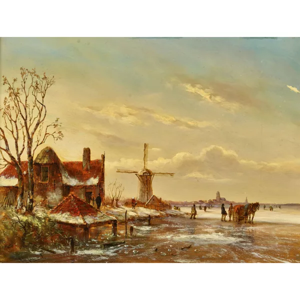 Alexis de Leeuw — Winterlandschaft mit zugefrorenem Fluss und Staffage.