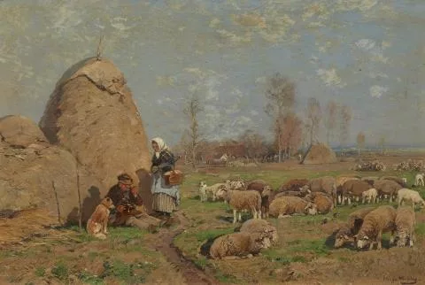 Hugo Mühlig — Sommerlandschaft mit Bauernpaar und Schafherde
