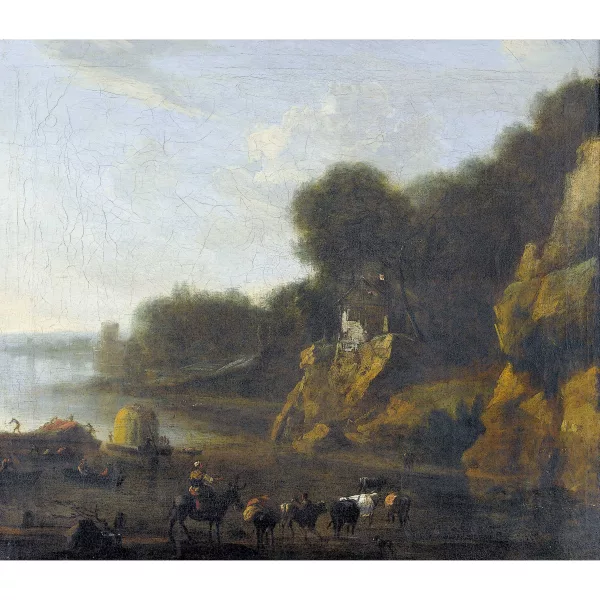 Philipp Peter Roos — Scuola di ROSA DA TIVOLI — Idillio sulla riva con barche e pastorella
