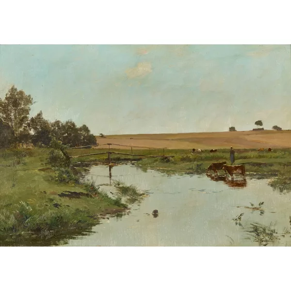 Paul Lecomte — Landschaft mit Kühen an der Tränke und Brückensteg.