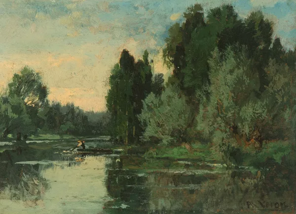 Alexandre René Veron — Flusslandschaft mit Boot