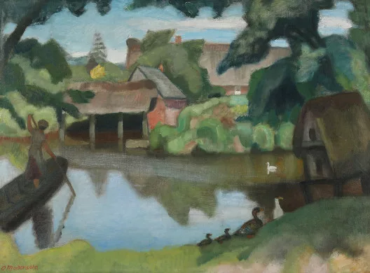 Otto Modersohn — Paysage d’étang avec barque et canards, vers 1920