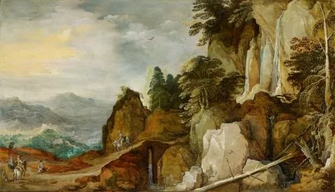 Joos de Momper — Paysage de montagne avec cascade et voyageurs