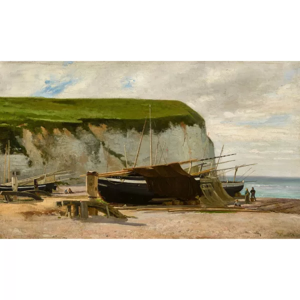 Léon Barillot — Nordfranzösische Strandpartie mit Segelschiffen.