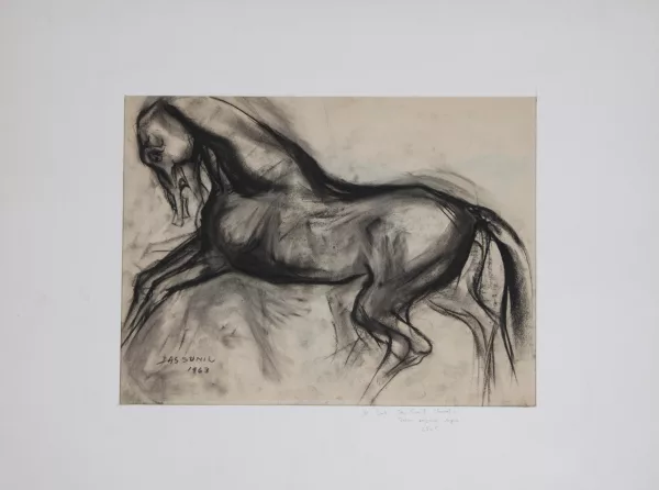 Sunil Das — Sunil DAS (1939-2015) 'Cheval en mouvement', fusain sur papier