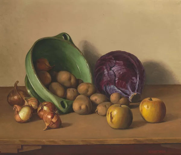 Adriaan Timmers — Stillleben mit Rotkohl, Äpfeln und Kartoffeln