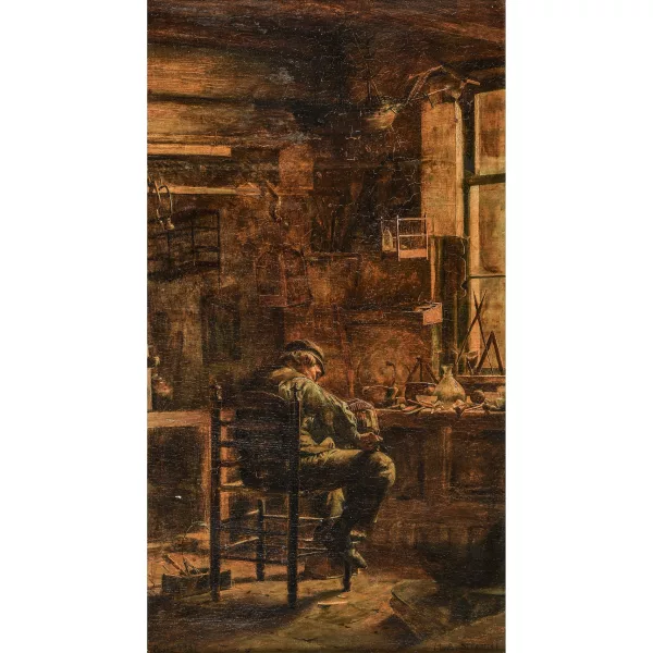 Max Arthur Stremel — Sitzender Handwerker mit Vogelkäfig.