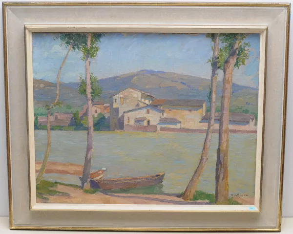 Raffaele De Grada — Landschaft mit Fluss und Booten