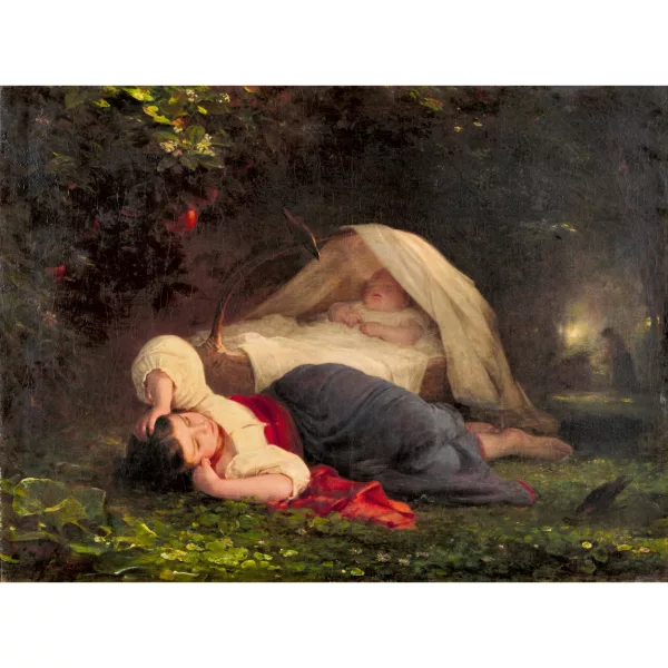 August Riedel — Femme allongée près d’un enfant au berceau.
