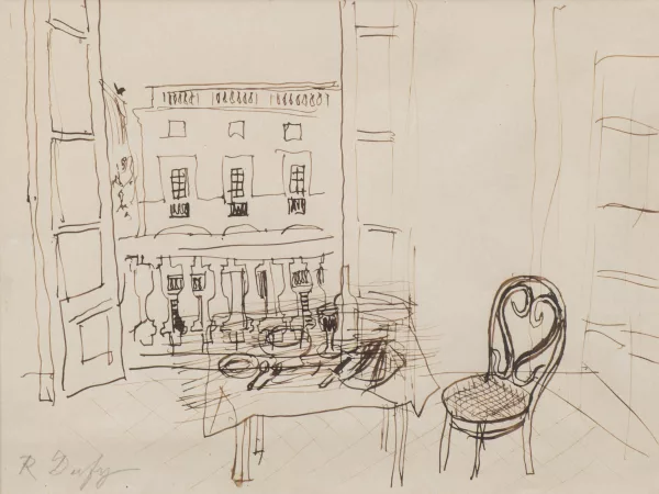 Raoul Dufy — Raoul DUFY (1877-1953), 'Nature morte à la chaise devant la fenêtre', dessin à l'encre sépia