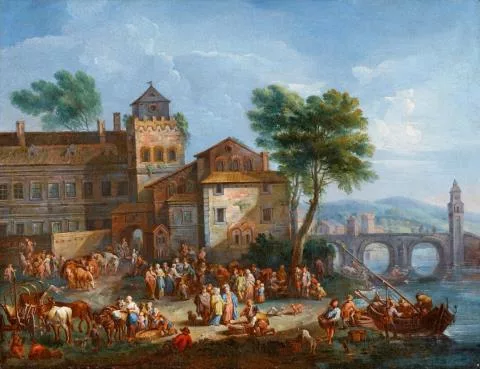 Mathys Schoevaerdts — Harbour Scene with Merchants and Fishermen