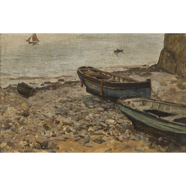 Gustav Schönleber — "Boote am Clovelly Strand".