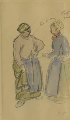 Camille Pissarro — Deux paysannes en conversation, étude avec annotations sur les couleurs.