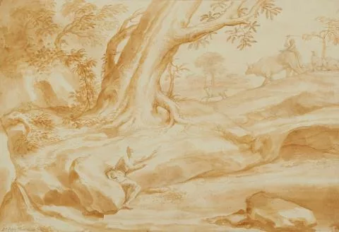 Domenico Piola — Landschaft mit einem unter einem Baum sitzenden Hirten