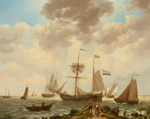 Johannes Hermanus Koekkoek — Strandszene mit Segelbooten