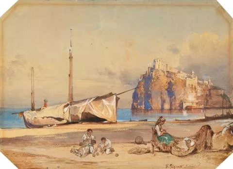 Giacinto Gigante — Strandansicht von Ischia mit Blick auf das Castello Aragonese