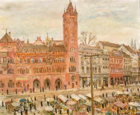 Marktplatz in Basel mit Rathaus, 1954