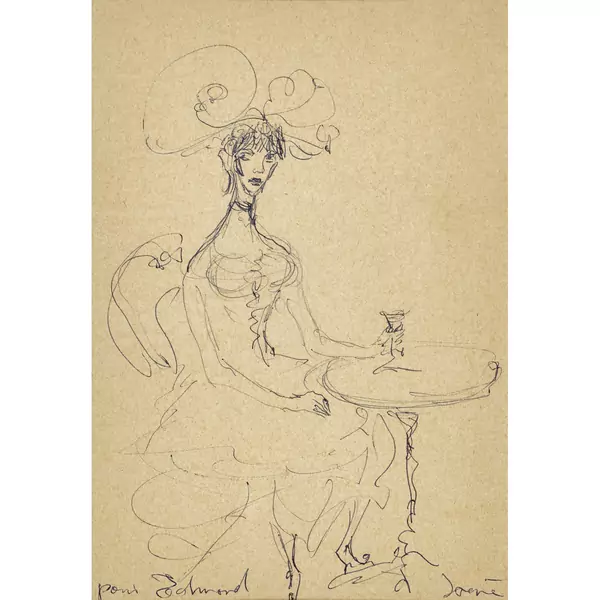 Sitzende Dame mit ausladendem Hut