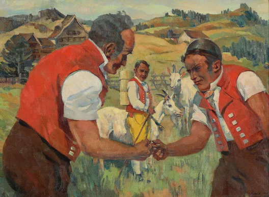IWAN EDWIN HUGENTOBLER — Appenzeller beim "Hööggle" vor Landschaft, 1933