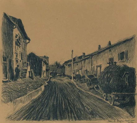 IWAN EDWIN HUGENTOBLER — Dorfstrasse mit Heuwagen, 1940