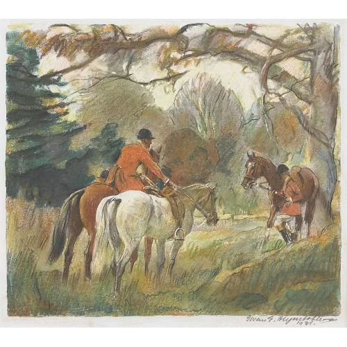 IWAN EDWIN HUGENTOBLER — Zwei Jockeys mit Pferden in Waldlandschaft.