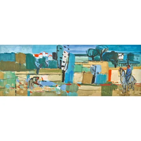 Landschaft mit Feldarbeiter und Reiter