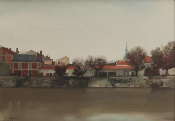 Jacques Fuchs — Jacques Fuchs (1922-1980) "Village devant un plan d'eau"