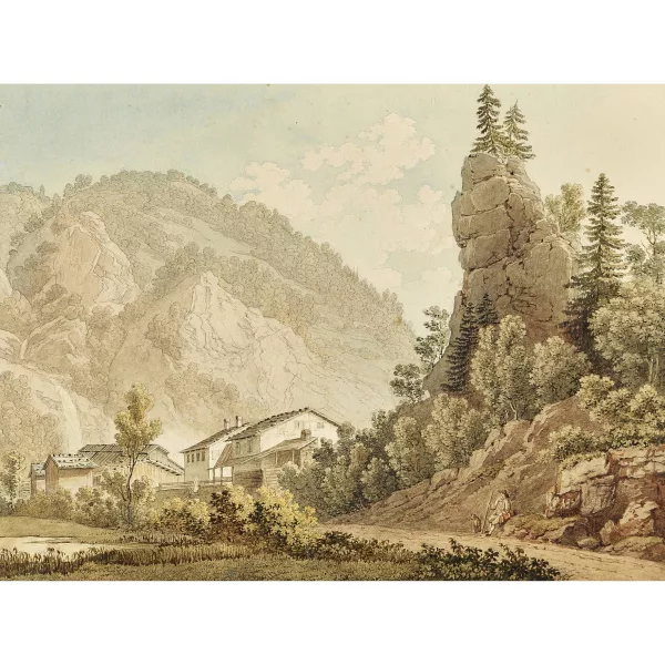 Jacques-Henri Juillerat — Alpine Ansicht mit Häusern.